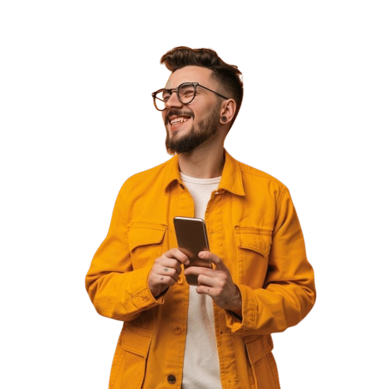 Botón con hombre sonriente, acceso a contenido informativo